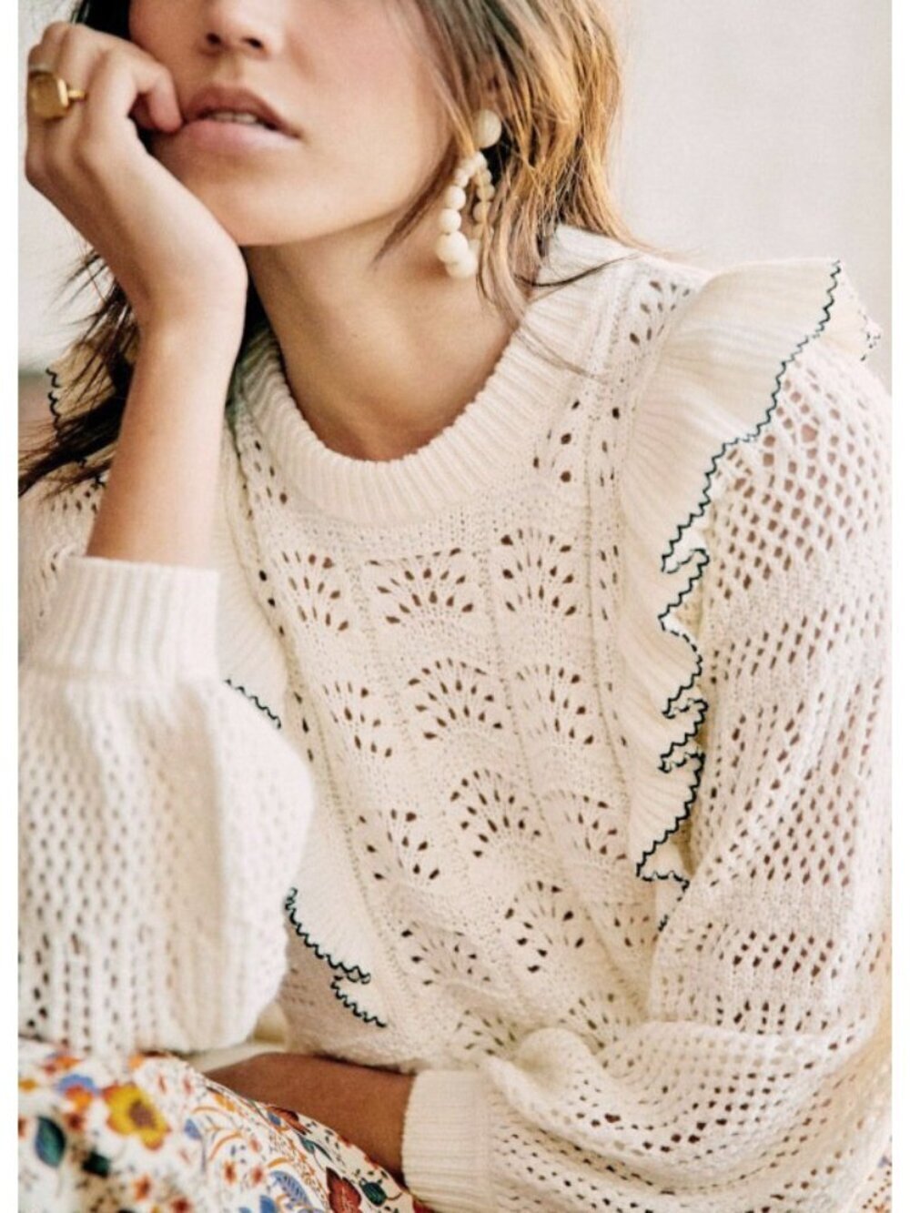 New Sezane Jodie Cotton Blend Crochet Ruffle Trim Sweater Ecru XXL